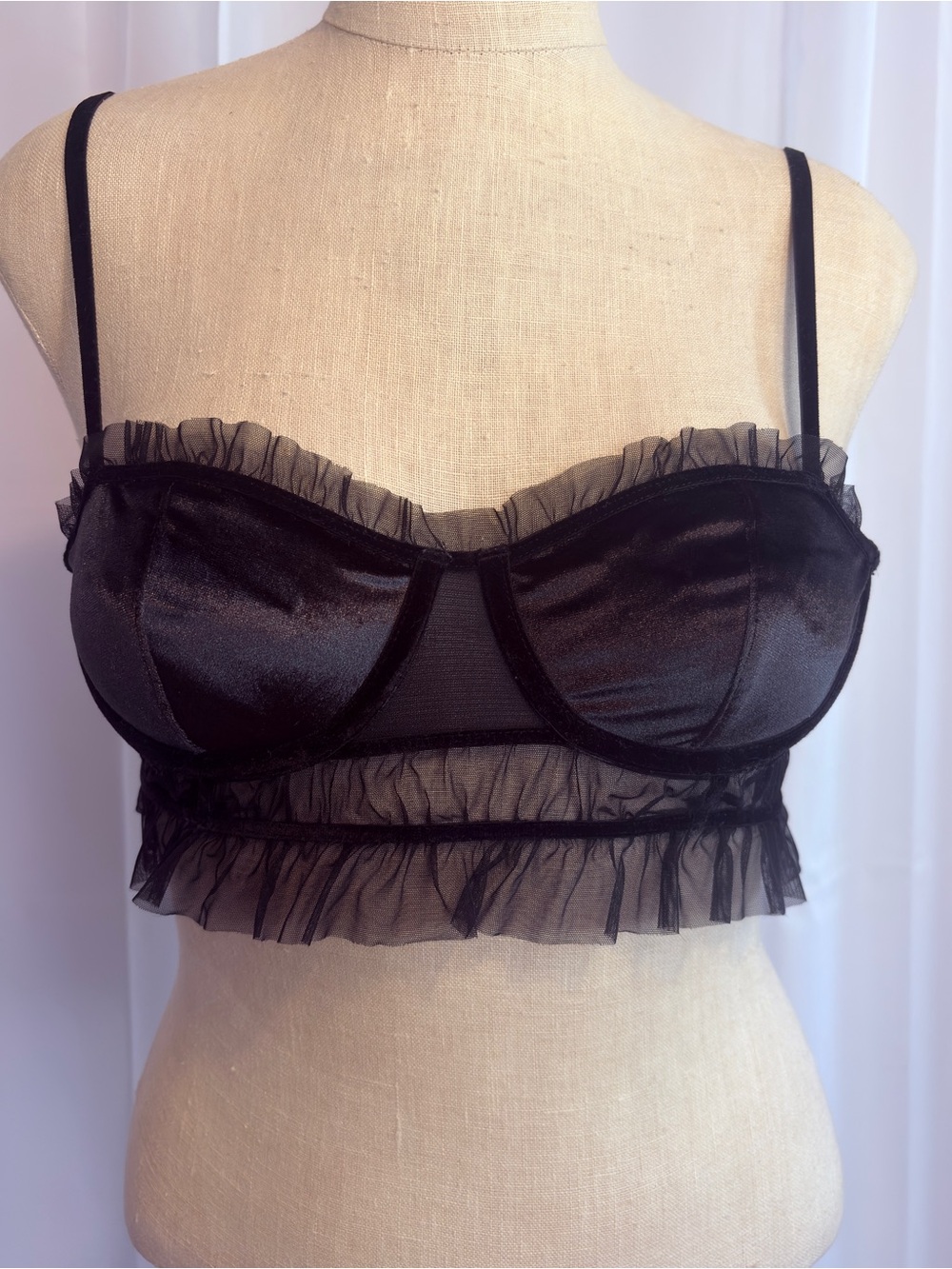 Auden Sheer Ruffle Velvet Balconette Bra Bralette - Black